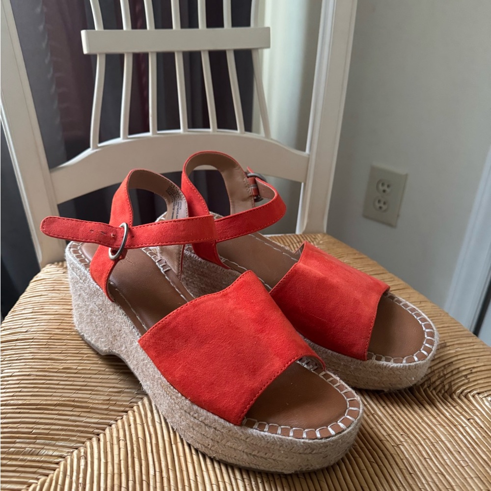 Red Orange Suede Woven Wedge Sandals